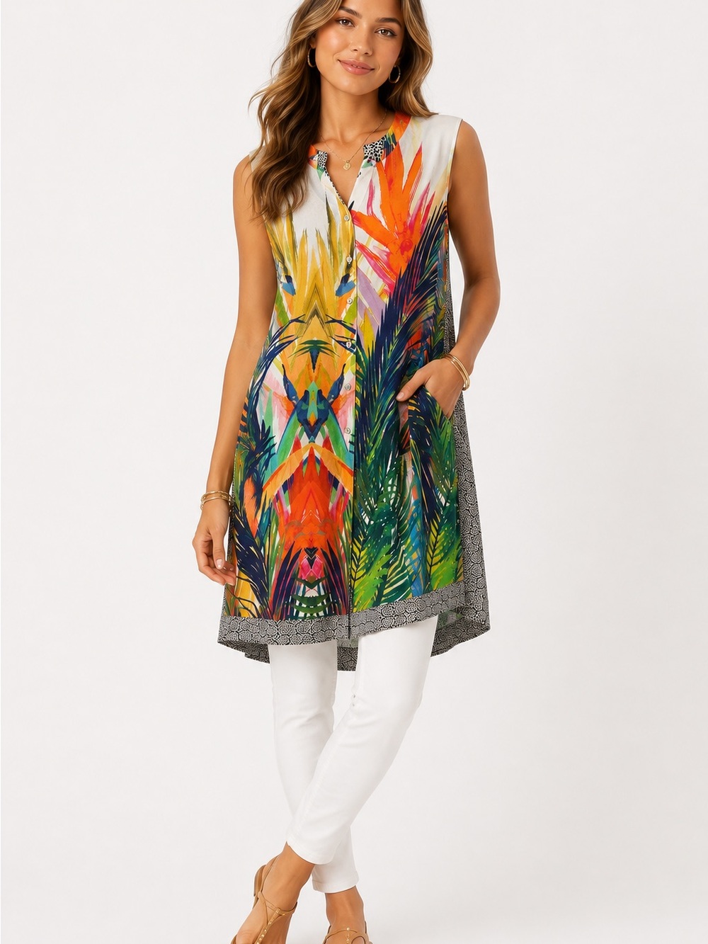 John Mark Sleeveless Tropical Print Tunic Top - White/Multi